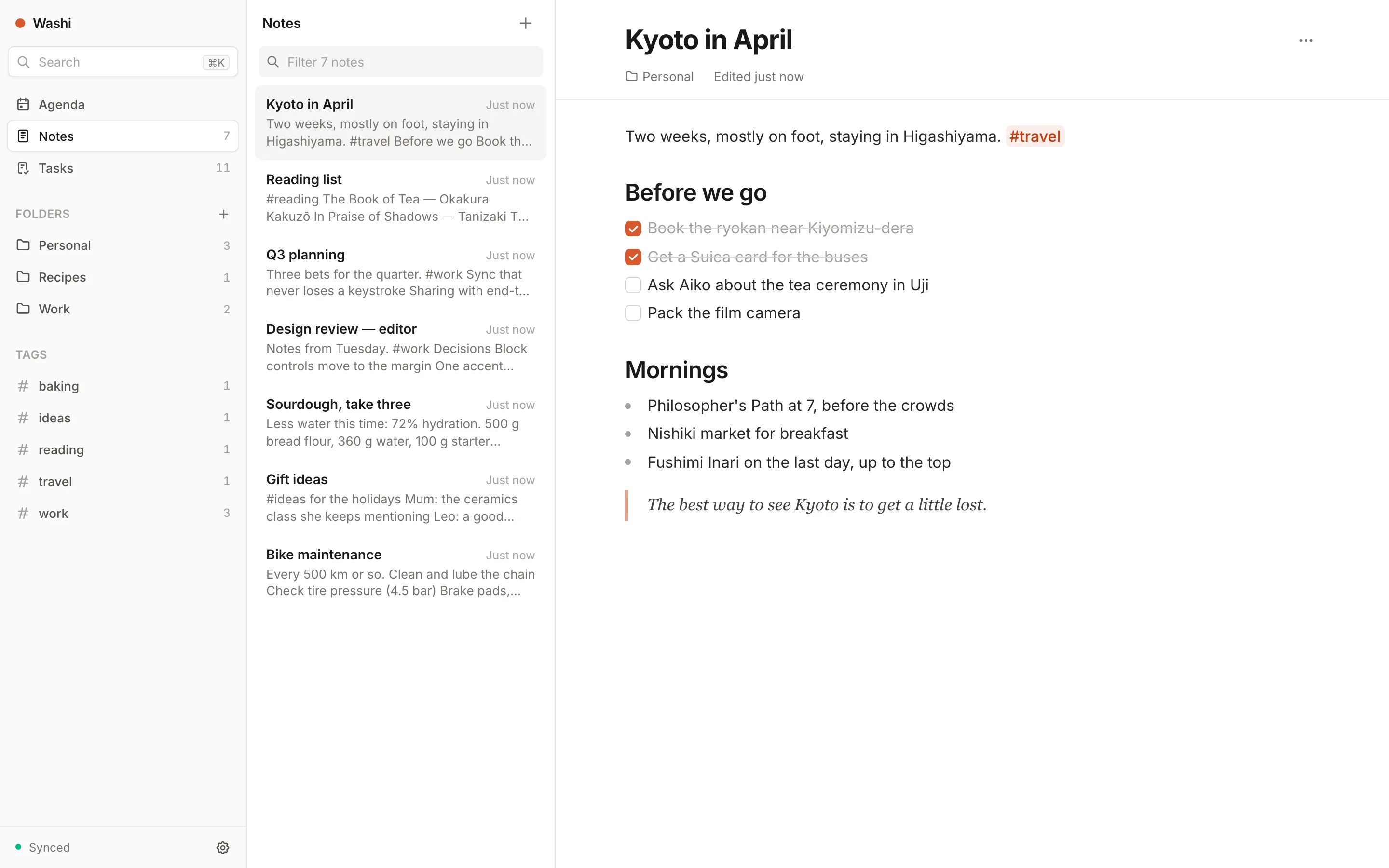 Washi showing a note called Kyoto in April, with a checklist, a list and a quote